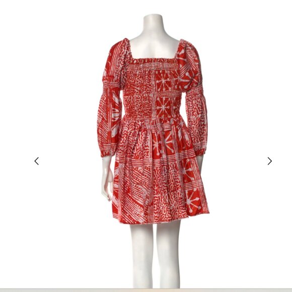 Busayo Red Orange Print Puff Sleeve Square Neck Boho Cotton Mini Dress XS - Picture 4 of 5